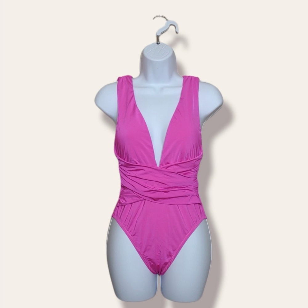Trina Turk Pink Plunging Faux Wrap One Piece Swimsuit
